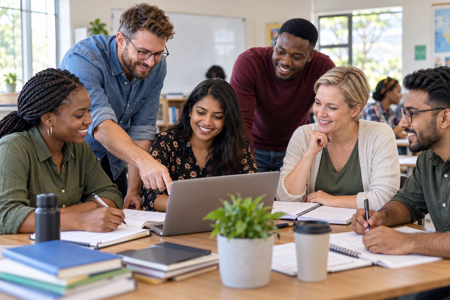 Women and men from diverse backgrounds developing computer skills — illustrative image